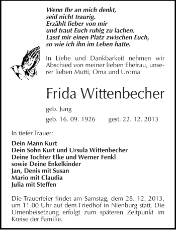 Traueranzeige von Frida Wittenbecher von Mitteldeutsche Zeitung Bernburg