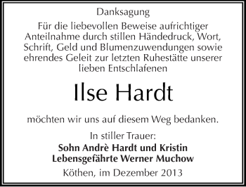 Traueranzeige von Ilse Hardt von Mitteldeutsche Zeitung Köthen