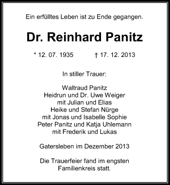 Traueranzeige von Reinhard Panitz von Mitteldeutsche Zeitung Aschersleben