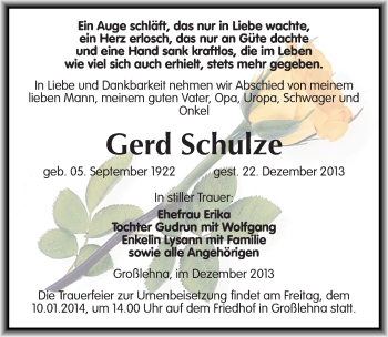 Traueranzeige von Gerd Schulze von Mitteldeutsche Zeitung Merseburg/Querfurt