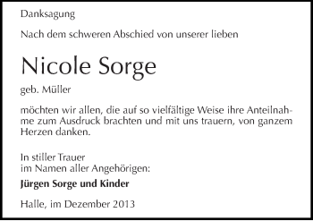 Traueranzeige von Nicole Sorge von Mitteldeutsche Zeitung Halle/Saalkreis