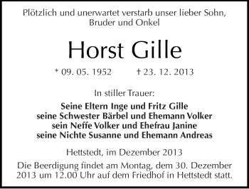 Traueranzeige von Horst Gille von Mitteldeutsche Zeitung Mansfelder Land