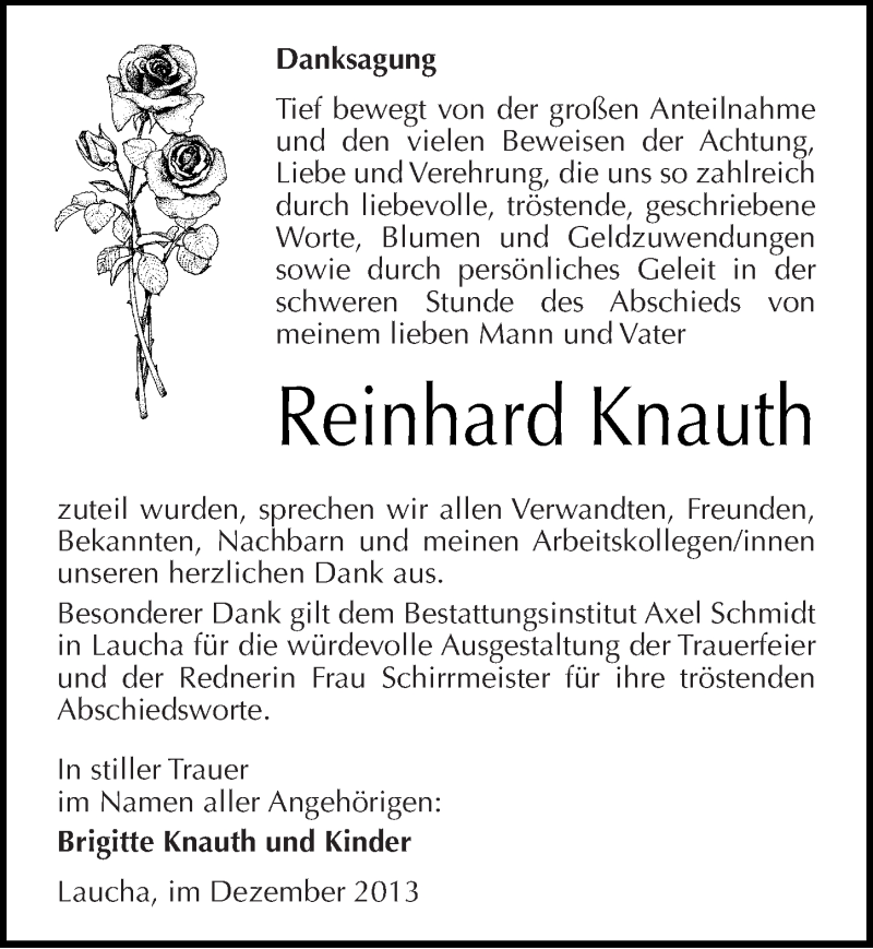  Traueranzeige für Reinhard Knauth vom 28.12.2013 aus Mitteldeutsche Zeitung Naumburg/Nebra