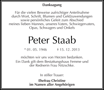 Traueranzeige von Peter Staab von Mitteldeutsche Zeitung Bitterfeld