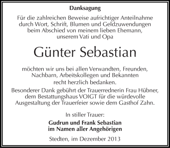 Traueranzeige von Günter Sebastian von Mitteldeutsche Zeitung Mansfelder Land