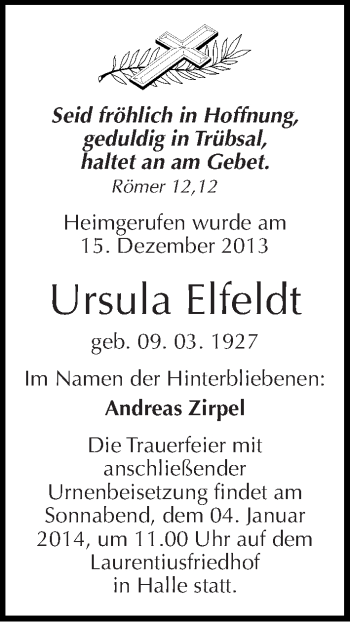 Traueranzeige von Ursula Elfeldt von Mitteldeutsche Zeitung Halle/Saalkreis