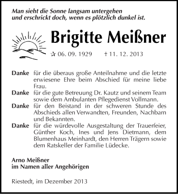 Traueranzeige von Brigitte Meißner von Mitteldeutsche Zeitung Sangerhausen