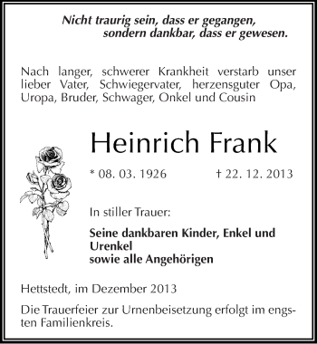 Traueranzeige von Heinrich Frank von Mitteldeutsche Zeitung Mansfelder Land