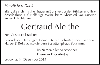 Traueranzeige von Gertraud Aleithe von Mitteldeutsche Zeitung Halle/Saalkreis