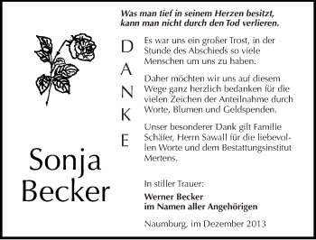 Traueranzeige von Sonja Becker von Mitteldeutsche Zeitung Naumburg/Nebra