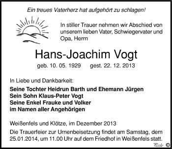 Traueranzeige von Hans-Joachim Vogt von Mitteldeutsche Zeitung Weißenfels
