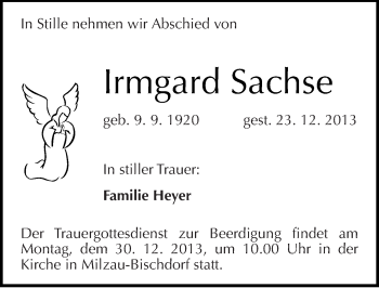 Traueranzeige von Irmgard Sachse von Mitteldeutsche Zeitung Merseburg/Querfurt