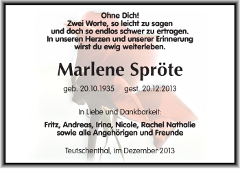 Traueranzeige von Marlene Spröte von Mitteldeutsche Zeitung Halle/Saalkreis