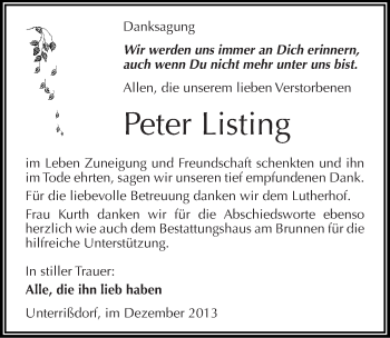 Traueranzeige von Peter Listing von Mitteldeutsche Zeitung Mansfelder Land