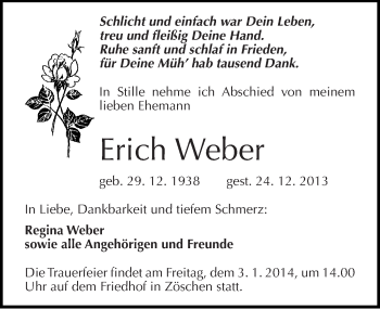 Traueranzeige von Erich Weber von Mitteldeutsche Zeitung Merseburg/Querfurt