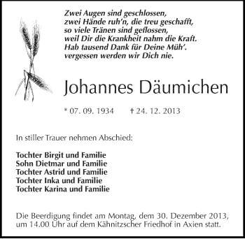 Traueranzeige von Johannes Däumichen von Mitteldeutsche Zeitung Wittenberg