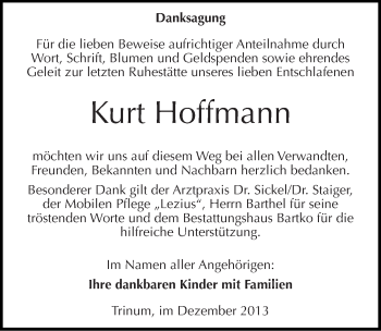 Traueranzeige von Kurt Hoffmann von Mitteldeutsche Zeitung Köthen