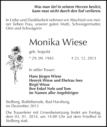 Traueranzeige von Monika Wiese von Mitteldeutsche Zeitung Sangerhausen