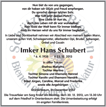 Traueranzeige von Hans Schubert von Mitteldeutsche Zeitung Wittenberg
