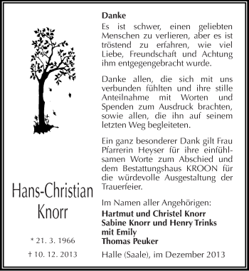 Traueranzeige von Hans-Christian Knorr von Mitteldeutsche Zeitung Halle/Saalkreis