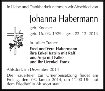 Traueranzeige von Johanna Habermann von Mitteldeutsche Zeitung Mansfelder Land