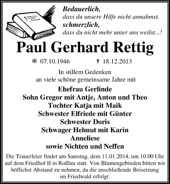 Traueranzeige von Paul Gerhard Rettig von Mitteldeutsche Zeitung Dessau-Roßlau