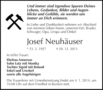 Traueranzeige von Josef Neuhäuser von Mitteldeutsche Zeitung Bitterfeld