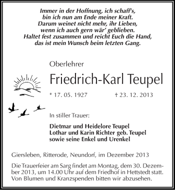 Traueranzeige von Friedrich-Karl Teupel von Mitteldeutsche Zeitung Mansfelder Land
