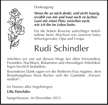 Traueranzeige von Rudi Schindler von Mitteldeutsche Zeitung Sangerhausen