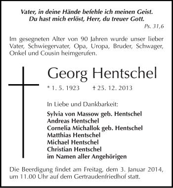 Traueranzeige von Georg Hentschel von Mitteldeutsche Zeitung Halle/Saalkreis