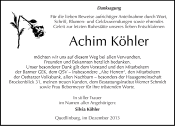Traueranzeige von Achim Köhler von Mitteldeutsche Zeitung Quedlinburg