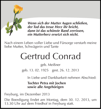 Traueranzeige von Gertrud Conrad von Mitteldeutsche Zeitung Naumburg/Nebra