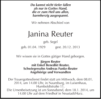 Traueranzeige von Janina Reuter von Mitteldeutsche Zeitung Naumburg/Nebra