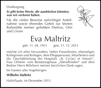 Traueranzeige von Eva Maltritz von Mitteldeutsche Zeitung Halle/Saalkreis