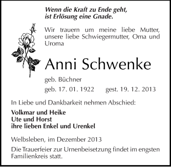 Traueranzeige von Anni Schwenke von Mitteldeutsche Zeitung Mansfelder Land