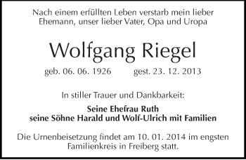 Traueranzeige von Wolfgang Riegel von Mitteldeutsche Zeitung Halle/Saalkreis
