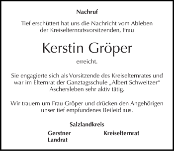 Traueranzeige von Kerstin Gröper von Mitteldeutsche Zeitung Aschersleben