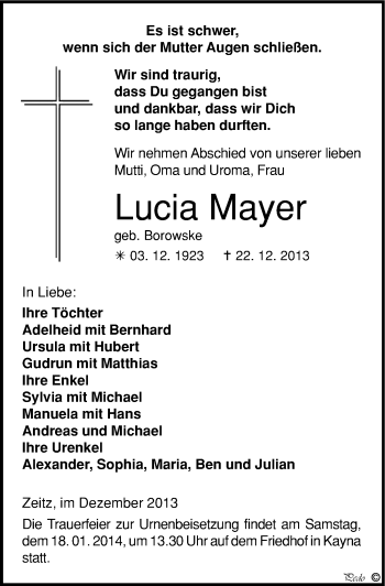 Traueranzeige von Lucia Mayer von Mitteldeutsche Zeitung Zeitz
