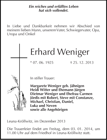 Traueranzeige von Erhard Weniger von Mitteldeutsche Zeitung Merseburg/Querfurt