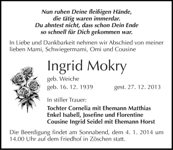 Traueranzeige von Ingrid Mokry von Mitteldeutsche Zeitung Merseburg/Querfurt