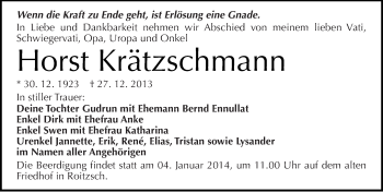 Traueranzeige von Horst Krätzschmann von Mitteldeutsche Zeitung Bitterfeld