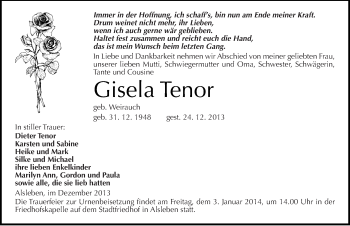Traueranzeige von Gisela Tenor von Mitteldeutsche Zeitung Bernburg