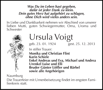Traueranzeige von Ursula Voigt von Mitteldeutsche Zeitung Naumburg/Nebra