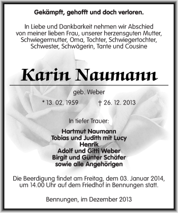 Traueranzeige von Karin Naumann von Mitteldeutsche Zeitung Sangerhausen