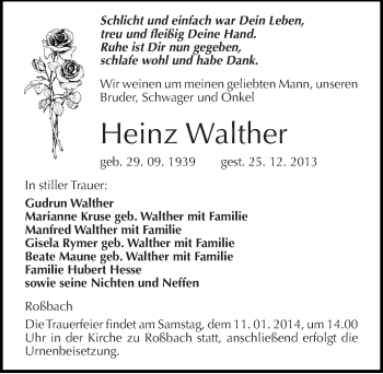 Traueranzeige von Heinz Walther von Mitteldeutsche Zeitung Naumburg/Nebra