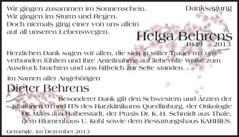 Traueranzeige von Helga Behrens von Mitteldeutsche Zeitung Quedlinburg