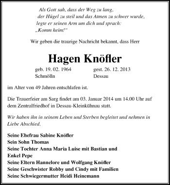 Traueranzeige von Hagen Knöfler von Mitteldeutsche Zeitung Dessau-Roßlau