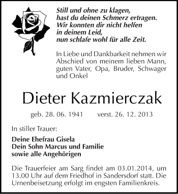 Traueranzeige von Dieter Kazmierczak von Mitteldeutsche Zeitung Bitterfeld