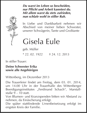 Traueranzeige von Gisela Eule von Mitteldeutsche Zeitung Wittenberg