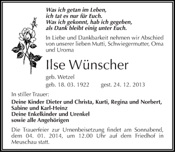 Traueranzeige von Ilse Wünscher von Mitteldeutsche Zeitung Merseburg/Querfurt